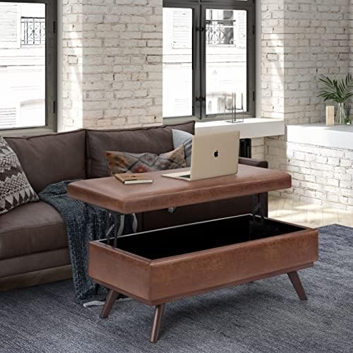 SIMPLIHOME Owen 42" Wide Vegan Leather Lift Top Ottoman in Saddle Brown ...
