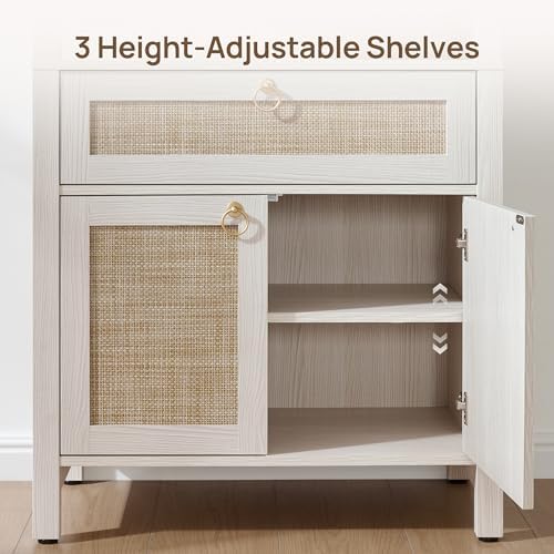 SICOTAS 68.5" Tall Boho White Rattan Storage Bookshelf with Drawer &...