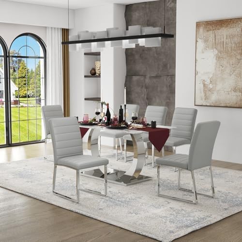 Modern Dining Chairs Set of 6, Grey Faux Leather Kitchen Chairs, Upholstered ...