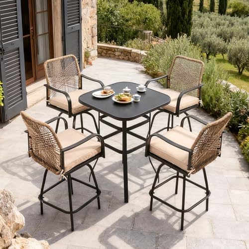 Outdoor Wicker Bar Stools Set of 4 Patio Swivel Chair Khaki