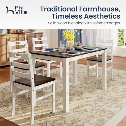 PHI VILLA Dining Table Set for 4, Solid Wood Kitchen Table and Chairs