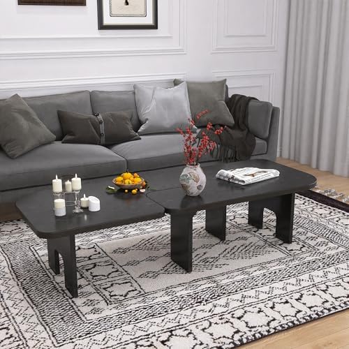 53.15" Antique Black Wood Nesting Coffee Table Set | 70.86 Inch Extended...