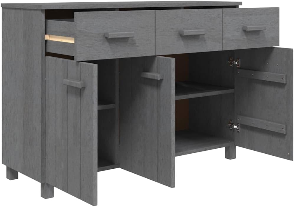 Sideboard Buffet Cabinet, Dark Grey Solid Pine Wood Credenza with 3 Drawers a...
