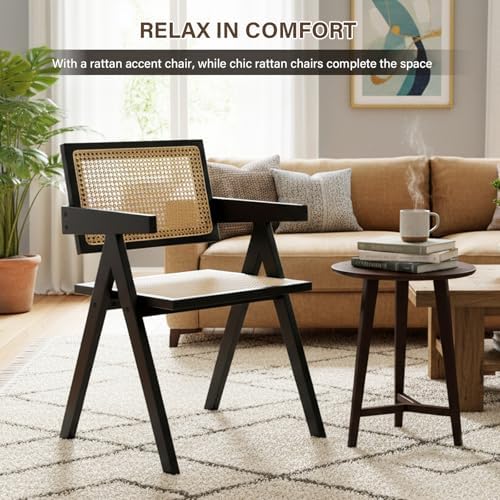 Furlide Rattan Dining Chairs Set of 2, Mid-Century Bamboo Armchairs