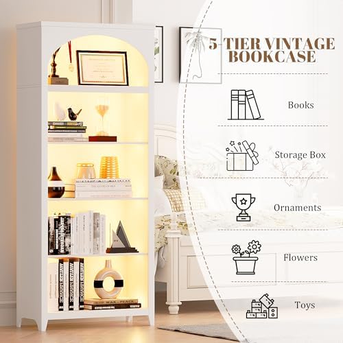 Arched Bookshelf with LED Lights, 70" White Bookcase for Bedroom