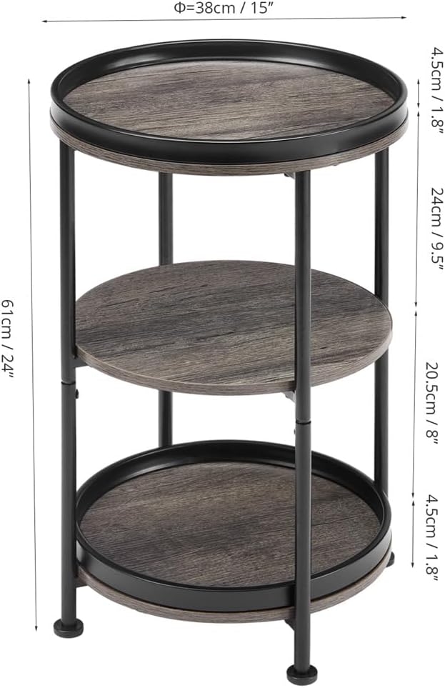 Dulcii Round Side Table with 3 Shelves for Living Room, Bedroom Nightstand wi...