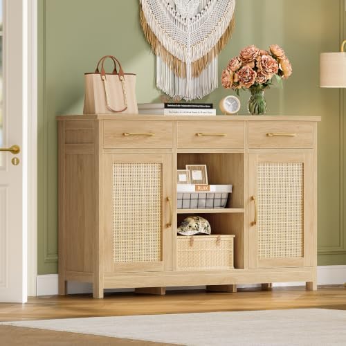 TEENFON Coffee Bar Cabinet with 3 Drawers, Farmhouse Buffet Cabinet