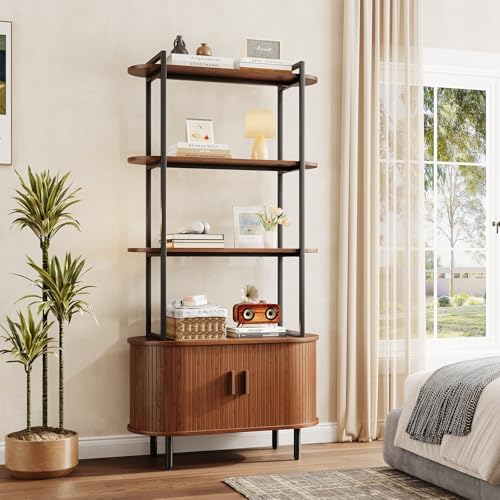 ComfyCorner 4 Tier Bookshelf with Cabinet, 71" Tall Display Bookcase Walnut
