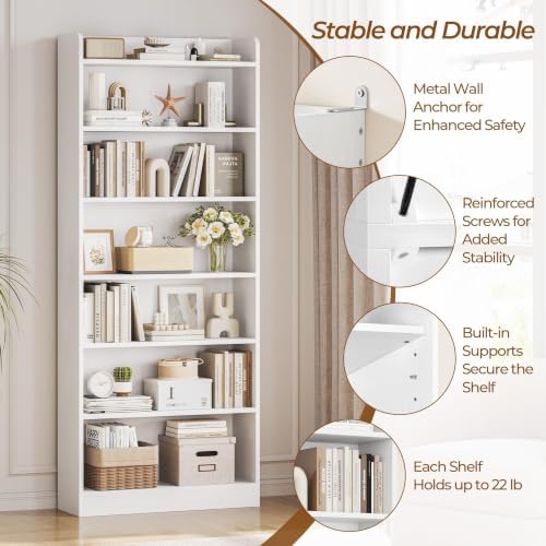 Yaheetech 7-Tier Tall Bookcase Adjustable Shelves Open Storage, White