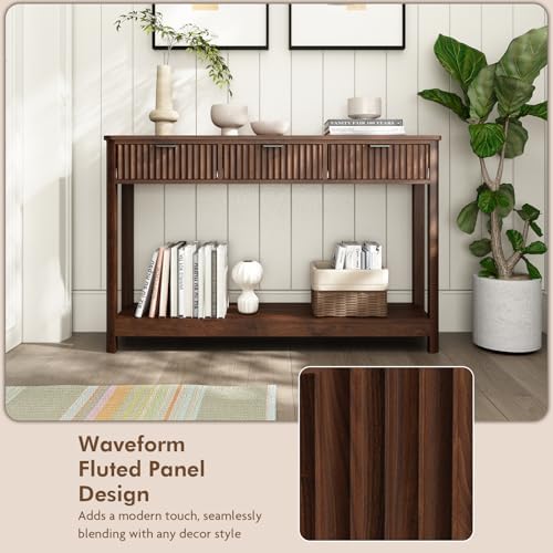 HOKYHOKY Fluted Console Table with Drawers, 47.1" Entryway Table, Walnut...