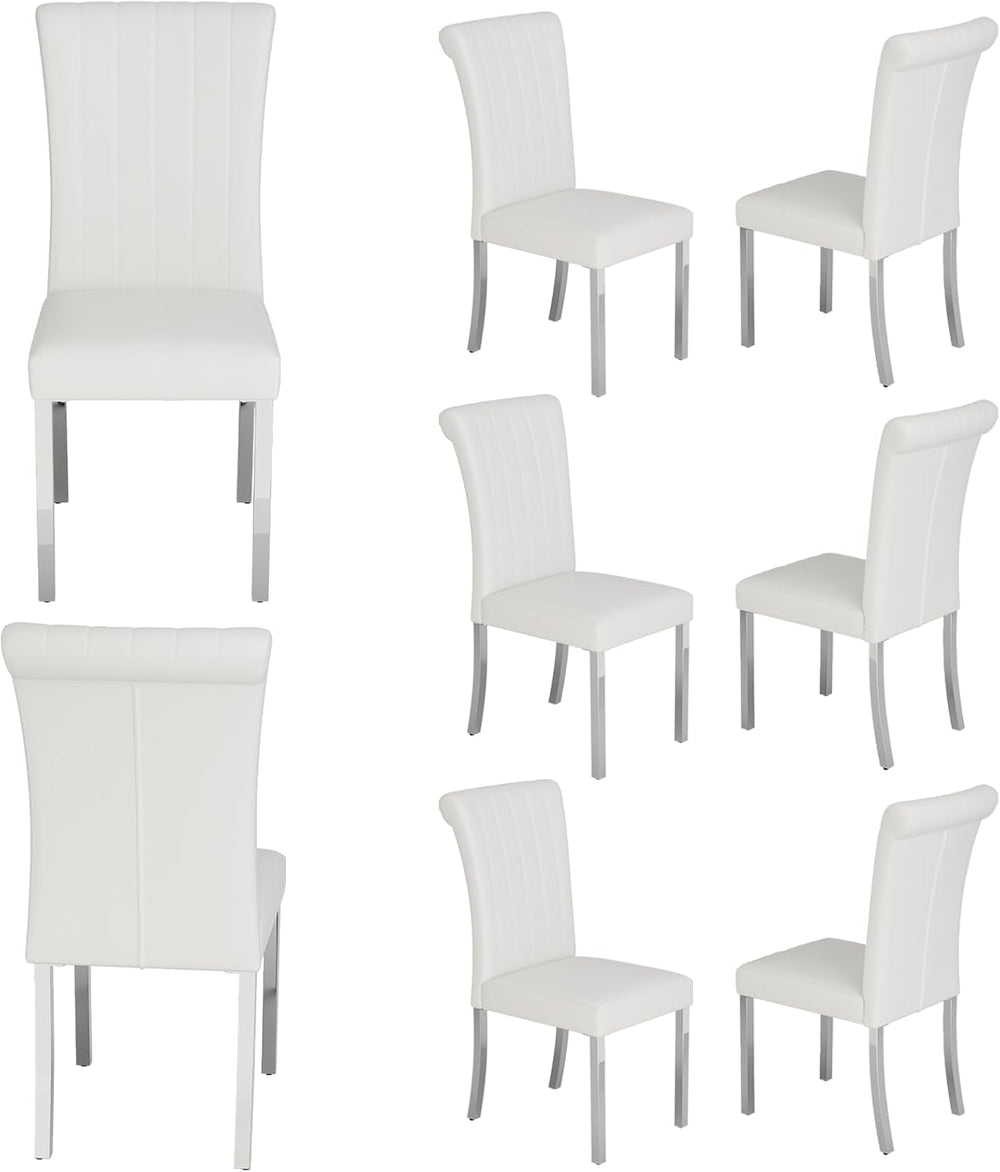 ACEDÉCOR White Faux Leather Dining Chairs Set of 8 with Silver Metal Legs