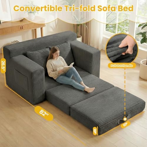 Couch, Loveseat Sleeper Sofa Bed – 3-in-1 Convertible Couch Bed with Side Poc...