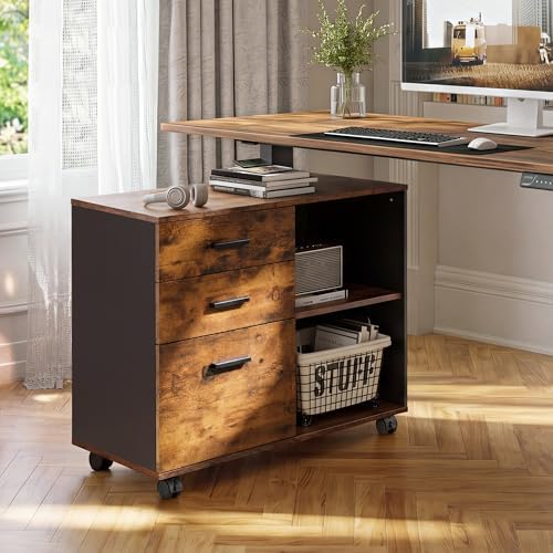 DEVAISE 3 Drawer Wood File Cabinet, Rolling Filing Cabinet with Open Storage ...