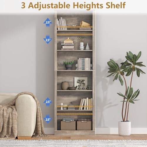 Thacuok Grey Bookshelf, 75" Tall Bookcase, 6 Tier Adjustable Storage She...