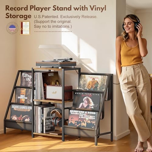 Record Player Stand with Vinyl Storage, Record Player Table with Vinyl Record...