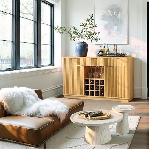 win2win 59" Fluted Sideboard, Wine Bar Cabinet with Faux Marble Top, Oak