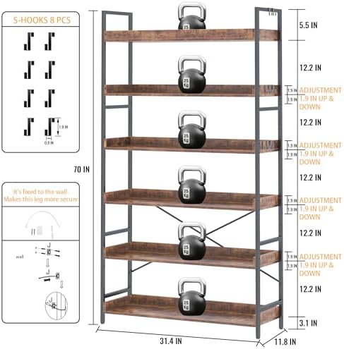 HCHQHS Bookshelf, Adjustable Industrial Bookcase, Vertical Tall Book Shelf, W...