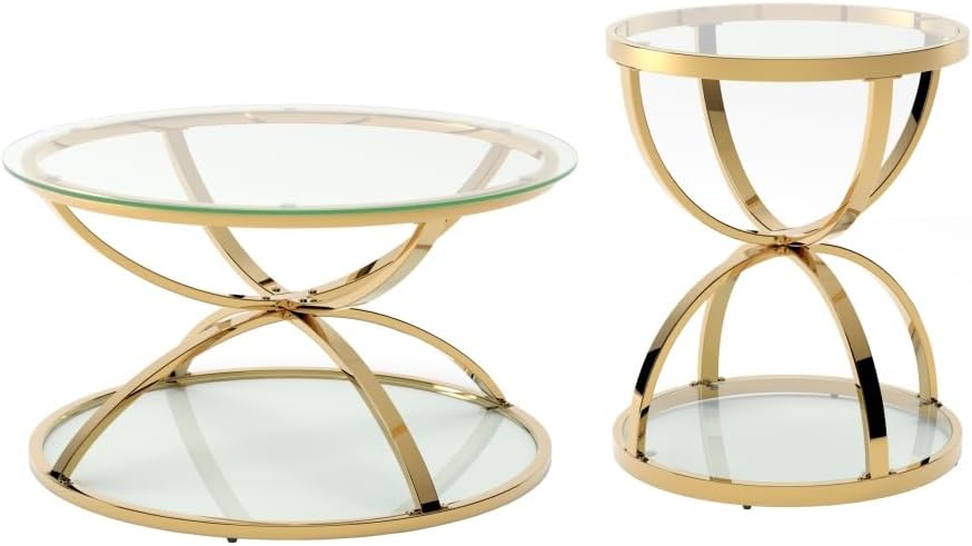 Round Coffee Table Set of 2, Gold Metal Frame with Clear Tempered Glass | Rin...