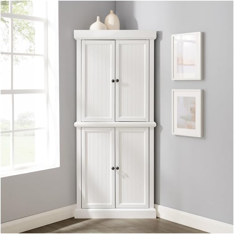 HomeStock Corner Pantry Cabinet - Tall White Kitchen Storage, 2 Stackable Units