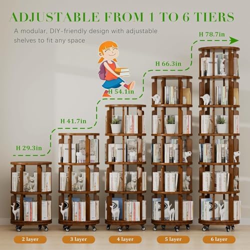 6 Tier 360° Rotating Solid Wood Bookshelf with Wheels