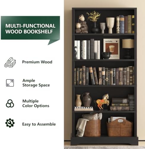 TVU 5 Tiers Wooden Bookshelf, 65.2" Tall Farmhouse Style Open Bookcase, ...