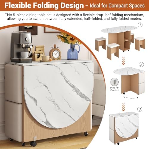 5 PCS Farmhouse Dining Table Set for 4,60" Large Round Folding Dining Ta...
