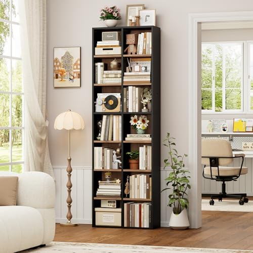 FOTOSOK Bookshelf Bookcase 7-Tier Narrow Bookshelf Tall CD Media Tower Rack