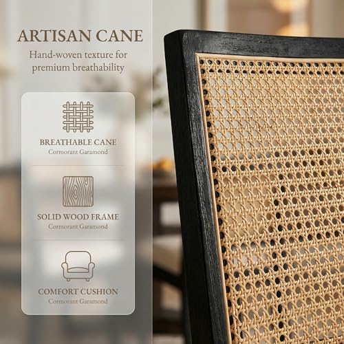 HNY Farmhouse Rattan Dining Chairs Set of 4, Black Solid Hardwood Frame, Upho...