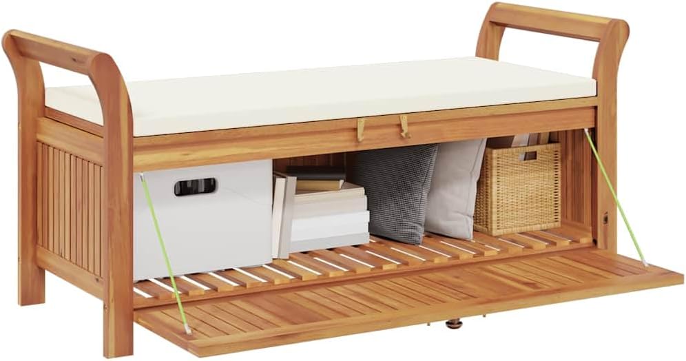 Solid Acacia Wood Patio Storage Bench 49.6 Inch | With Cushion, Curved Arms, ...