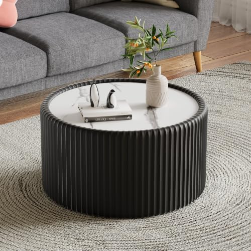 Round Coffee Table Set of 2 with Sintered Stone Top Cylinder-Shape Coffee Sid...