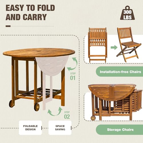 Devoko Acacia Wood Outdoor Patio Folding Table and Chairs Set for 4