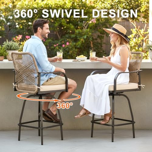 Outdoor Wicker Bar Stools Set of 4 Patio Swivel Chair Khaki