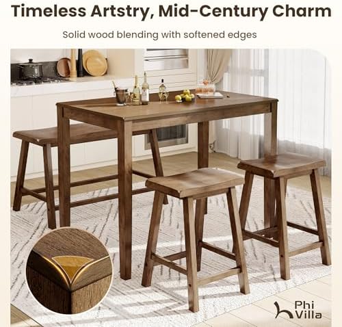 PHI VILLA Counter Height Bar Table and Chairs Set for 4, Rustic Caramel