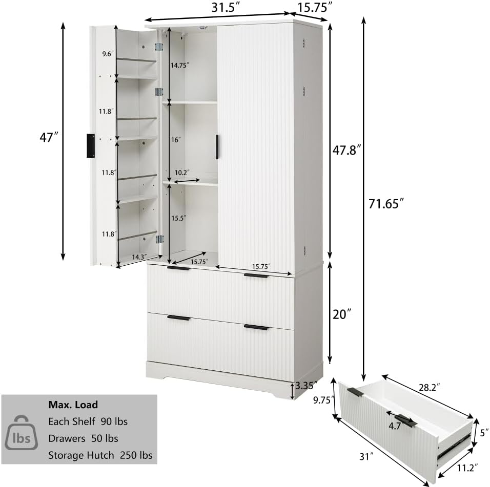 72" Modern Fluted Kitchen Pantry Cabinet with 2 Large Drawers & 8-Do...