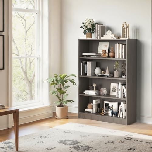 Farini 48 Inch Tall 4-Shelf Bookcase, Wood Bookshelf Storage Organizer Adjust...