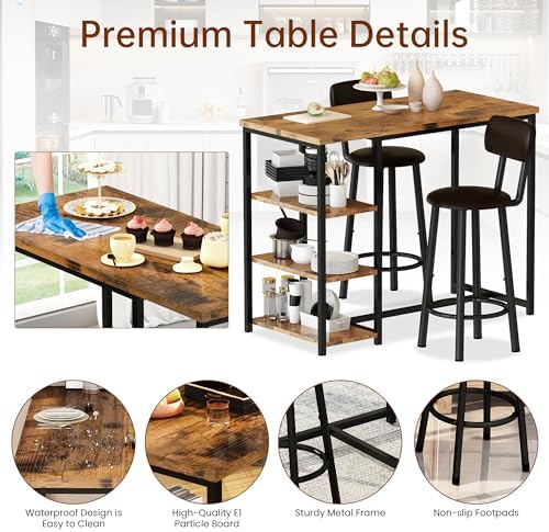 Kitchen Dining Table Set for 2, Bar Table and Chairs Set with 3 Storage Shelv...