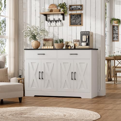 HOSTACK 47" W Kitchen Sideboard Buffet Cabinet with Storage Drawers, White