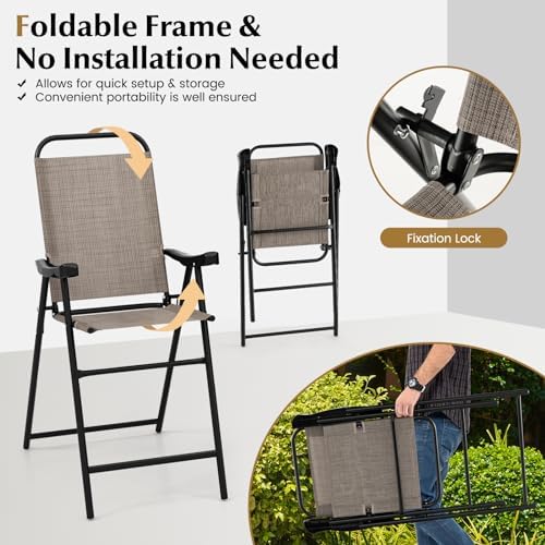 COSTWAY 4 Pieces Patio Folding Bar Chairs with Metal Frame, Footrest, Arms