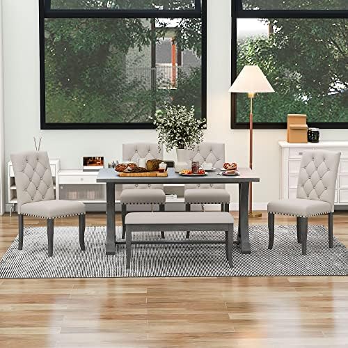 Merax 6-Piece Kitchen Dining Table Set, Farmhouse Dining Table Set with Recta...