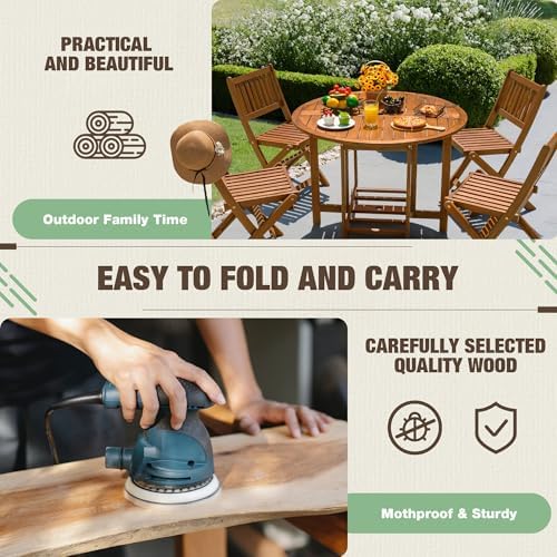Devoko Acacia Wood Outdoor Patio Folding Table and Chairs Set for 4