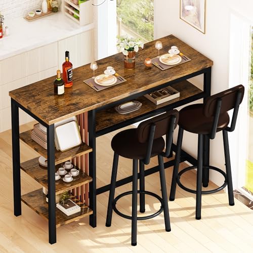 Bar Table and Chairs Set, 47'' Counter Height Dining Table Set with S...