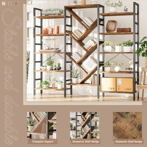 INNOD 70x70 Triple 5 Tier Book Shelf, Large Wooden Bookcase with 17 Open Disp...