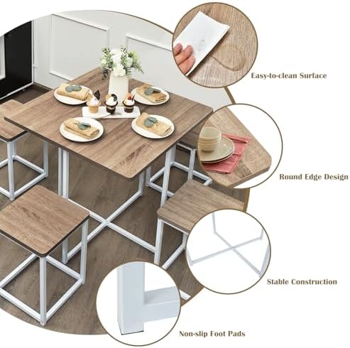 GIANTEX Dining Table Set for 4, Metal Frame, Space-Saving (Natural & White)