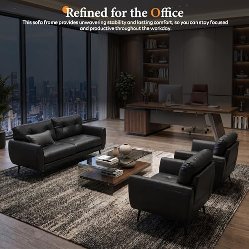 61'' Small Leather Loveseat and Chair, 3 Piece Living Room Sets, Black
