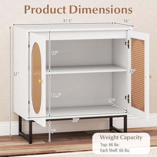GIANTEX Boho Rattan Sideboard Buffet Cabinet with Storage, White