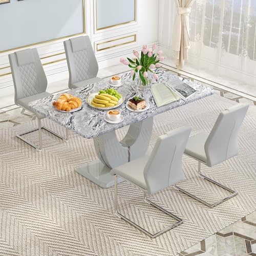 JUFU 5-Piece Dining Table Set for 4, 63-Inch Faux Marble with PU Chairs
