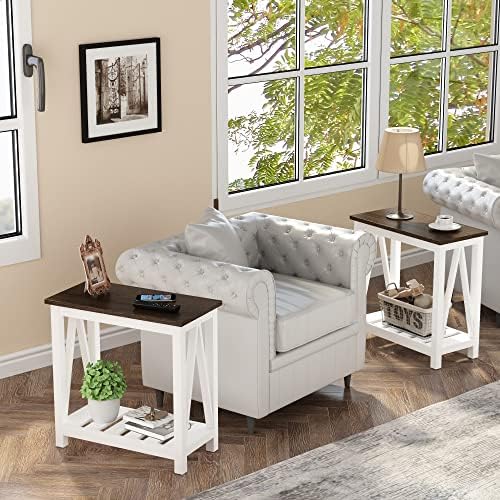 ChooChoo Farmhouse End Table Set of 2, Narrow Side Table with Shelf