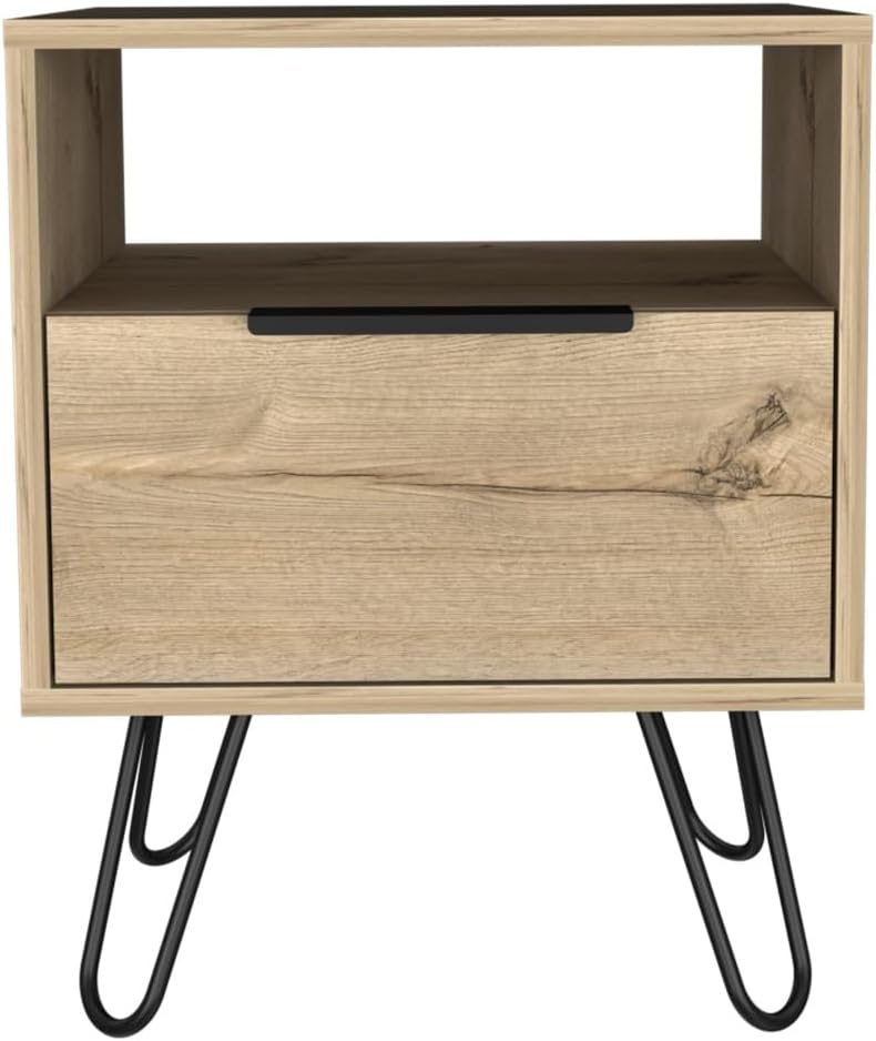 Nightstand 22" H, One Open Shelf, Single Door Cabient, Hairpin Legs, Lig...