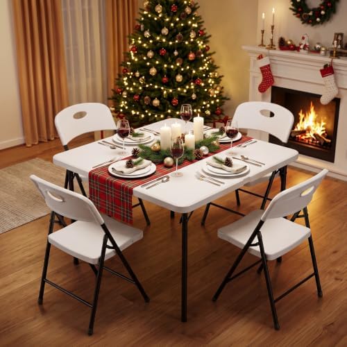 Folding Table and Chairs Set for 5, 36 Inch Foldable Plastic Table with Carry...