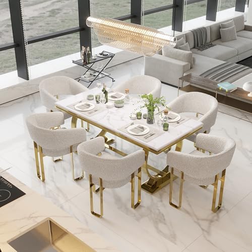 7 Piece Dining Table Set for 6, Luxurious 70" White and Gold Dining Room...